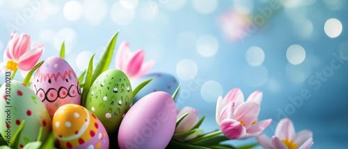Easter eggs nestled in a lush garden under a radiant morning light with soft bokeh with copy space.