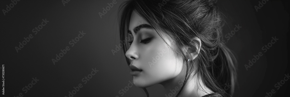 Fototapeta premium Black and white portrait of a woman with a subtle profile view, highlighting her delicate features and elegant hairstyle.
