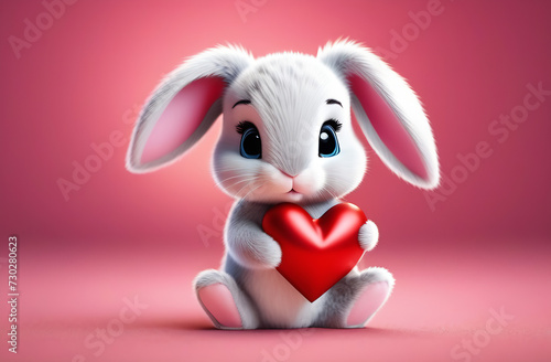 Beutiful small and cute banny holding a heart. Love. Valantine Day.