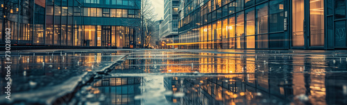 Wallpaper Mural Low-angle view of an urban street glistening with rainwater reflections, showcasing the glowing windows of modern buildings during twilight. Torontodigital.ca