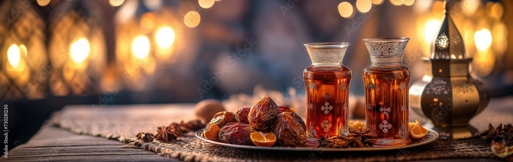 Traditional Ramadan table setting featuring dates and tea in decorative ...