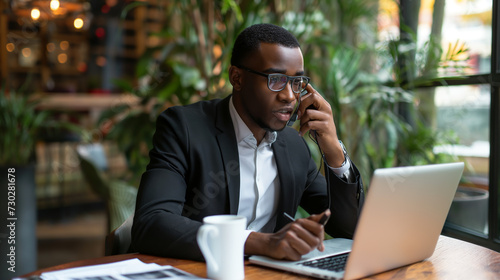 Phone call, laptop and talking black business man, bank consultant or advisor feedback on research report, project or data. Smartphone chat, administration and corporate consulting on online account