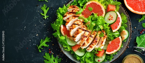 Top-down view of a dietary menu with fresh chicken salad, grapefruit, lettuce, and honey mustard dressing, promoting proper nutrition.