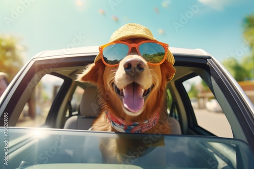 Witness the joy of a happy dog during a summer vacation, gazing out of a car window. © Miltan