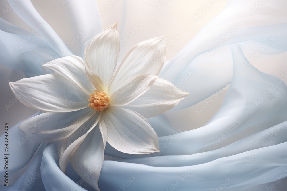 Flower on soft blue silk background. Generative AI.