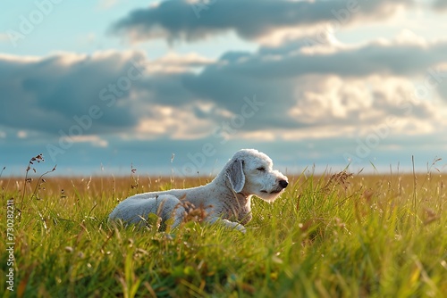 Bedlington Terrier dog laying in the grass at the water's edge, in the style of bokeh panorama, richly colored skies photo