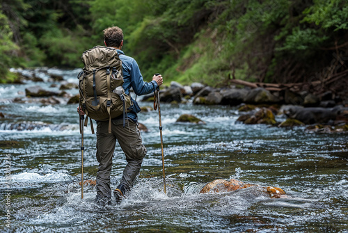 Hiker with backpack and trekking poles in the wild mountain river
