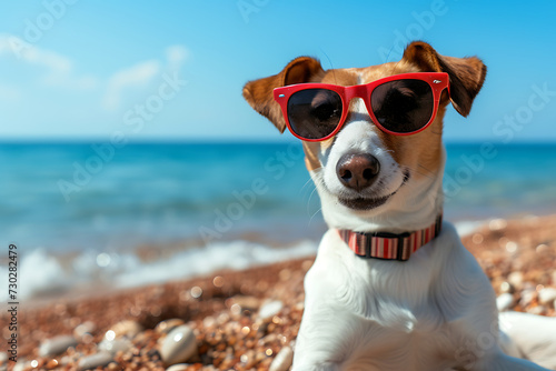 Funny dog posing on a beach in sunglasses.
