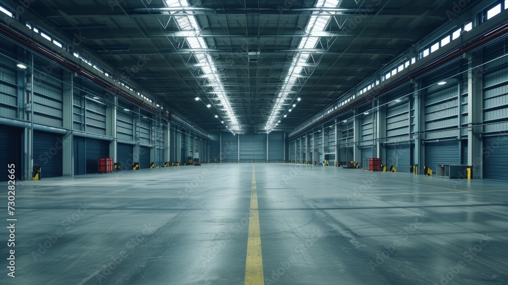 Wide-angle shot of a large, empty industrial warehouse with rows of storage units and ceiling lights.