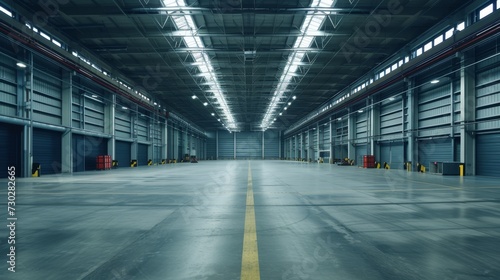 Wide-angle shot of a large, empty industrial warehouse with rows of storage units and ceiling lights.