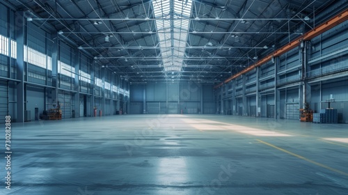Wide-angle shot of a large  empty industrial warehouse with rows of storage units and ceiling lights.