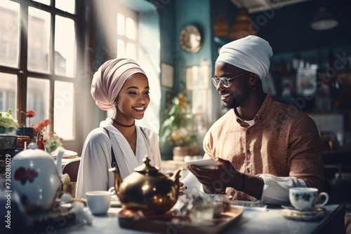 Muslim Couple enjoying a warm tea time in cozy cafe. Eastern cafe, traditional interior with Arabic newlyweds.