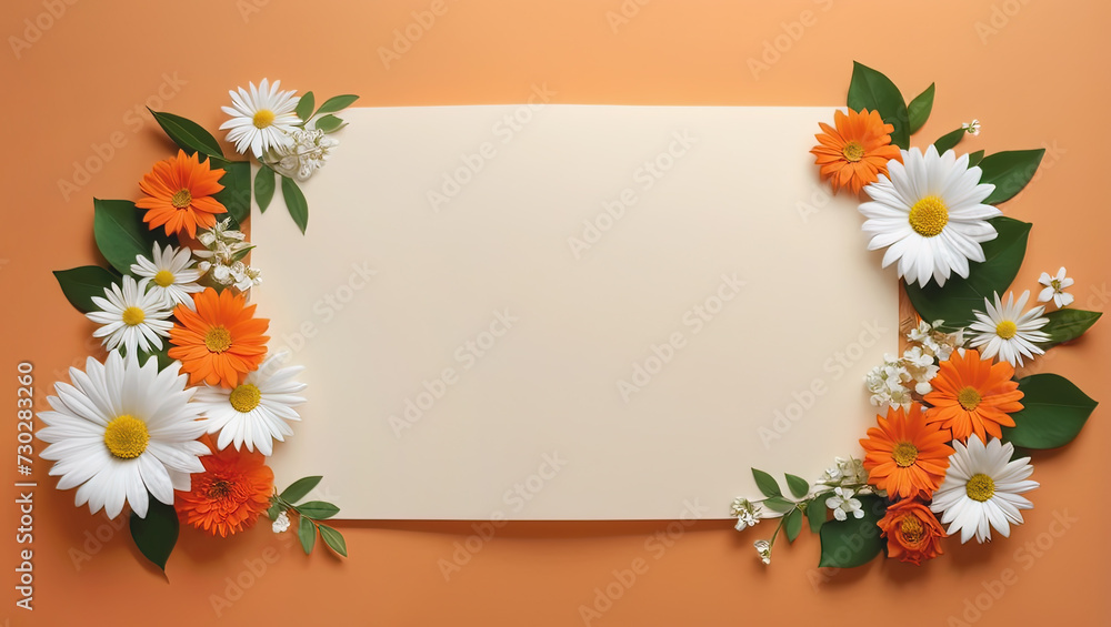 Obraz premium Creative trendy wedding invitation mockup with floral arrangement on peach fuzz background