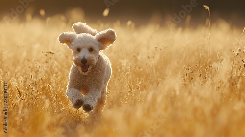 A Cute Bedlington Terrier dog is running in the grass, in the style of light silver and light azure photo