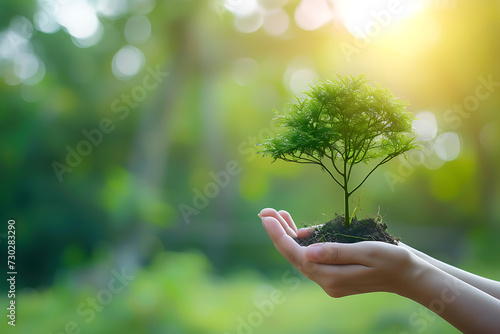 Hand holding tree on blur green nature background. Green environment earth day concept.