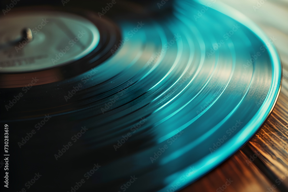 close up of a vinyl record on a wooden table. vintage music close up of a vinyl record on a wooden table. vintage music