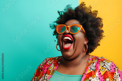 Happy excited plus size woman on background studio.