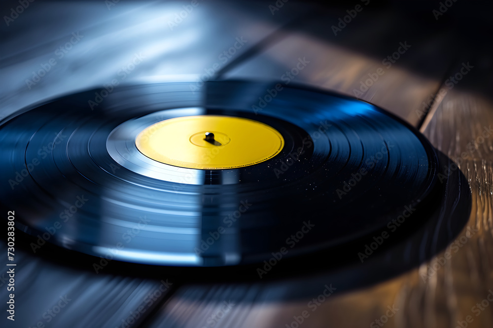 close up of a vinyl record on a wooden table. vintage music close up of a vinyl record on a wooden table. vintage music