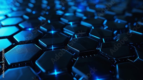 Close-up view of hexagonal pattern with blue neon lighting, giving a futuristic technology texture.