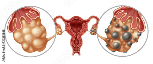 Polycystic Ovarian Syndrome or PCOS on ovaries symptoms as hormonal disorder with small ovarian cysts as a concept of female fertility or infertility with fallopian tubes. photo