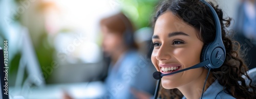 friendly call center agent answering incoming calls with a headset providing customer service