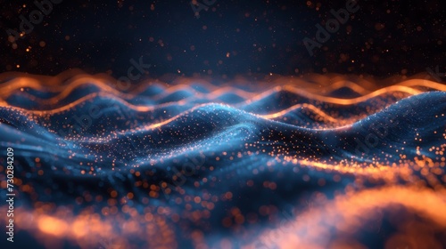 Vibrant abstract image of digital particle waves with glowing red and blue lights.