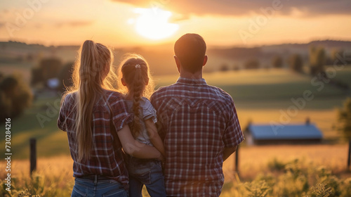 portrait of happy loving family watching sunset, Young couple with their kid, back view