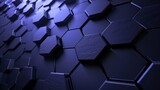 A 3D render of dark blue hexagonal shapes, creating a dynamic and modern textured surface with light reflections.