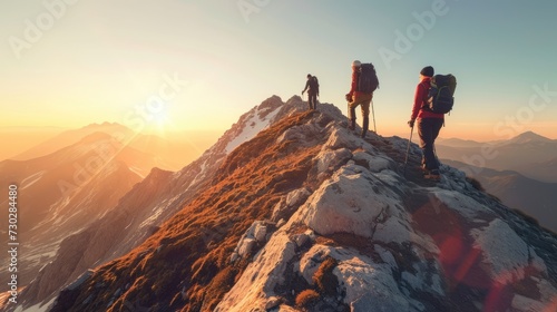 A group of friends on a hiking adventure, panoramic mountain views, capturing the spirit of friendship and exploration. Resplendent. © Summit Art Creations