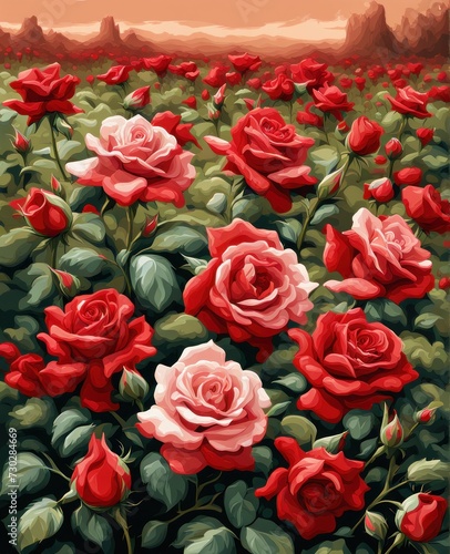 Painting of red roses field.