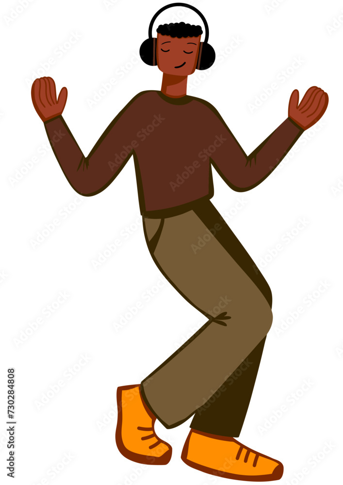 Black man dancing and listening music with headphones flat illustration	
