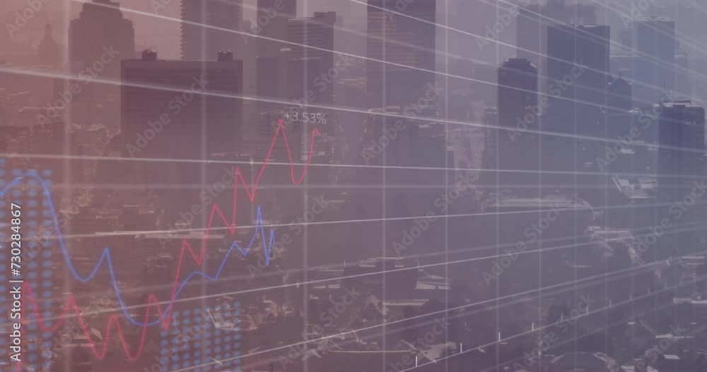 Animation of graphs and processing data on grid over cityscape Animation of graphs and processing data on grid over cityscape