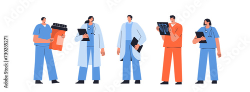 Doctors, nurses, paramedics and other hospital workers. Characters wearing medical uniform and stethoscopes. Healthcare team concept. Flat vector illustration isolated on white background.