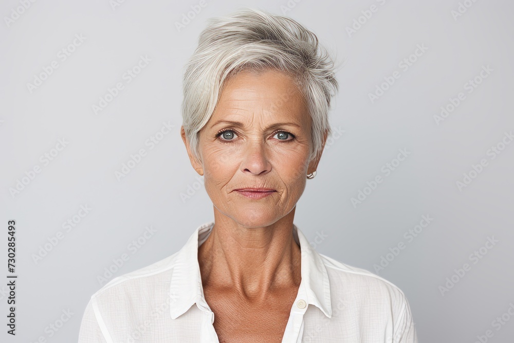 Portrait of serious senior businesswoman looking at camera against grey background