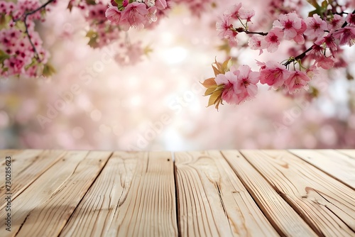 an empty light wooden table top on the background of a beautiful spring landscape with a blooming pink cherry  product presentation design concept  layout