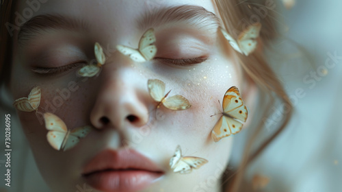 Sensitive portrait of a young girl with a butterfly flying around her face. Beautiful face with butterflies in light colors