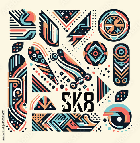 Skateboard SK8 subculture design elements, youth style, decor of clothing, accessories, sportswear