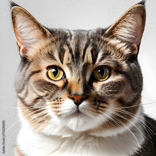 Portrait of a tabby cat with yellow eyes on a light background