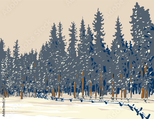 WPA poster art of forest of subalpine fir, limber pine and bristlecone pine in winter at Echo Lake, Idaho Springs in Colorado, USA  done in works project administration or federal art project style.
 photo