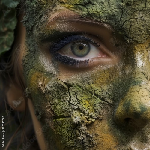 Mystical forest spirit concept with woman's face camouflaged in natural textures