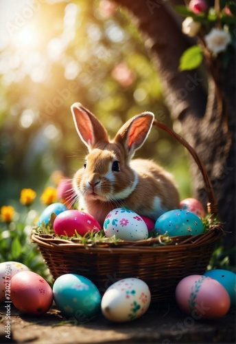 Easter celebration, with rabbits and decorated eggs in baskets. generative ai