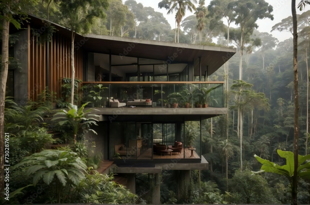 modern house in the middle of the forest, with a modern natural theme. generative ai