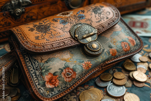 Antique luxury bag and scattered cash coins