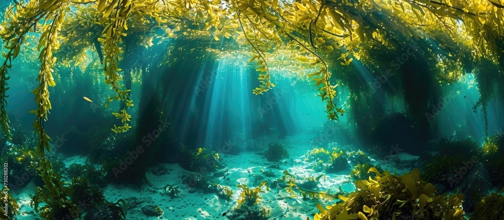 Underwater kelp forest at California island reef housing marine creatures. - obrazy, fototapety, plakaty 