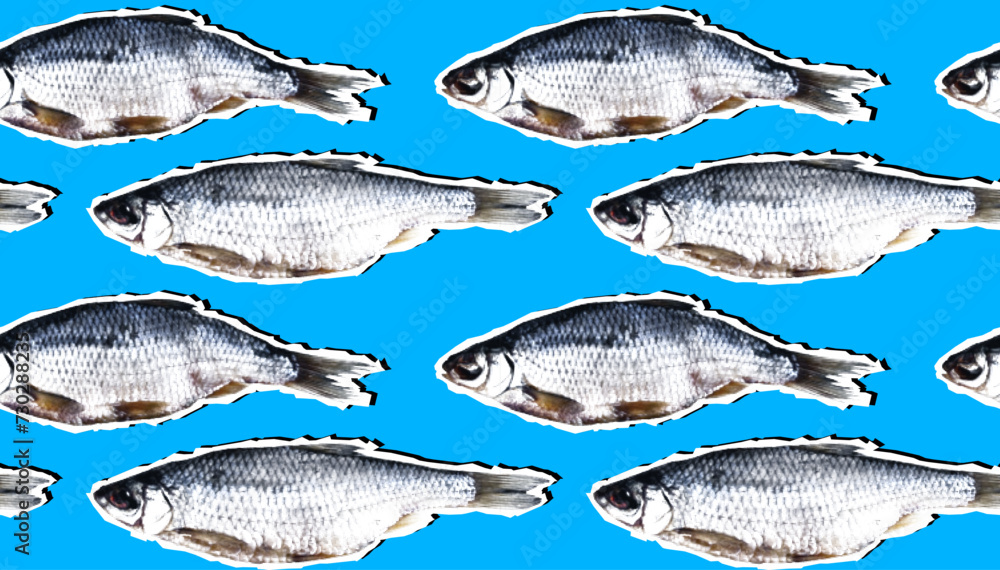 Seamless pattern with fish in retro collage style. Fish with a colored halftone effect on a blue background. Vector background for seafood restaurant, menu, store.