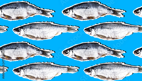 Seamless pattern with fish in retro collage style. Fish with a colored halftone effect on a blue background. Vector background for seafood restaurant, menu, store.