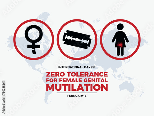 International Day of Zero Tolerance for Female Genital Mutilation poster vector illustration. Razor blade, gender symbol, woman icon set vector. Stop FGM violence against women. February 6