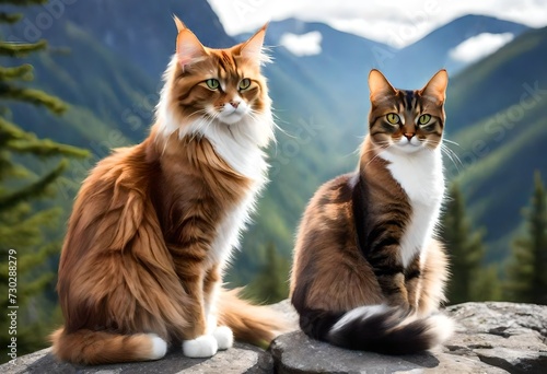 two fluffy cats sitting on a rock. © Naz