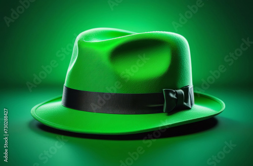Happy St. Patriks day. Green leprechaun hat on green background. Copy space. St. Patrick's Day celebration. Holiday concept. Greeting card photo
