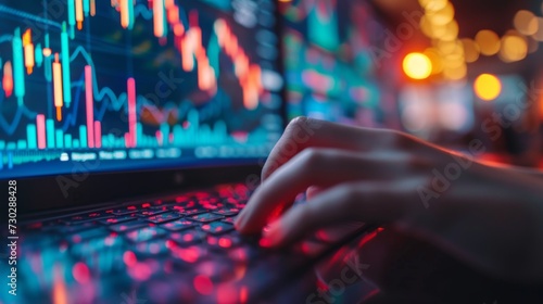 Close-up of hands typing on a laptop with stock market investment charts glowing on the screen.